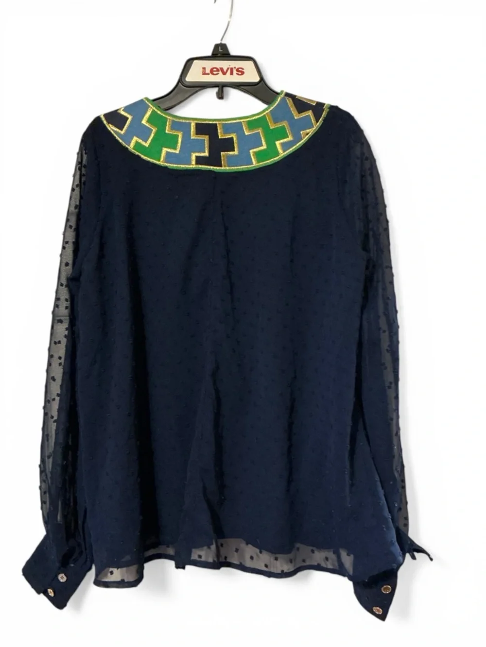 C.K. Bradley Navy Blouse with Green & Blue V-Neck Trim Womens Small Boho - Picture 3 of 6